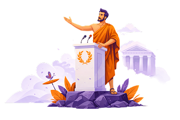 Illustration of an orator in a toga speaking at a podium