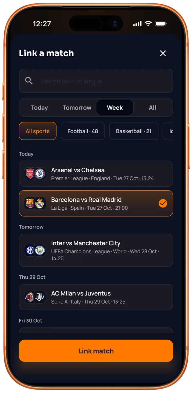 Linking a match: this week's fixtures, with Barcelona vs Real Madrid at 21:00 selected.