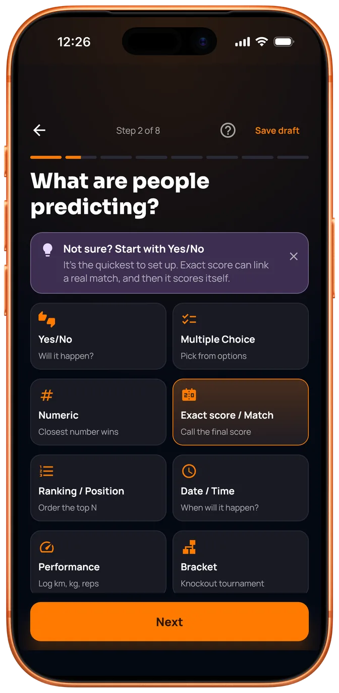 Creating a challenge: the prediction formats, with Exact score / Match selected.