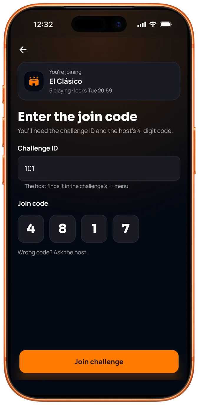 Entering the join code: challenge 101 and code 4817, with a preview of El Clásico, 5 playing, locks at 20:59.