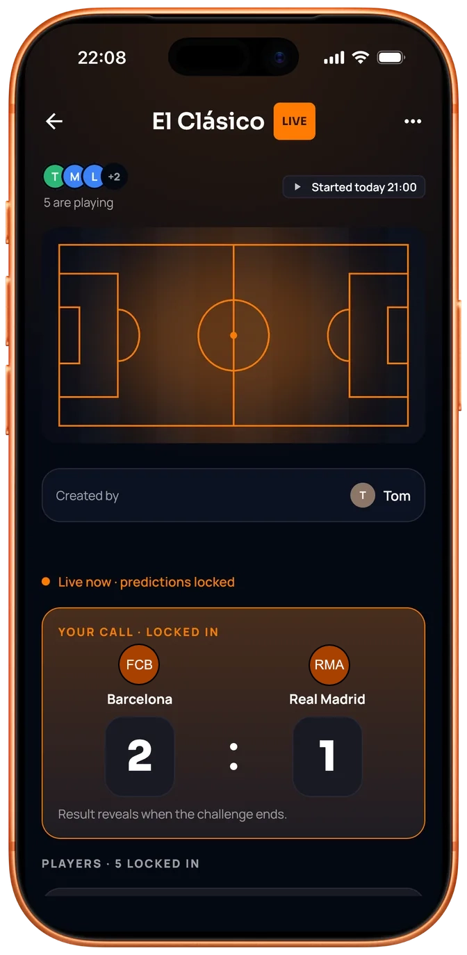 El Clásico live: predictions locked, and Maya's call of Barcelona 2–1 Real Madrid shown as locked in.