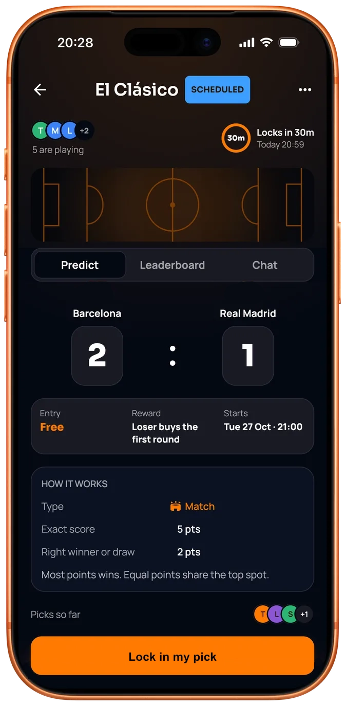 Predicting El Clásico: Barcelona 2, Real Madrid 1. Locks in 30 minutes; 5 points for the exact score, 2 for the right winner.