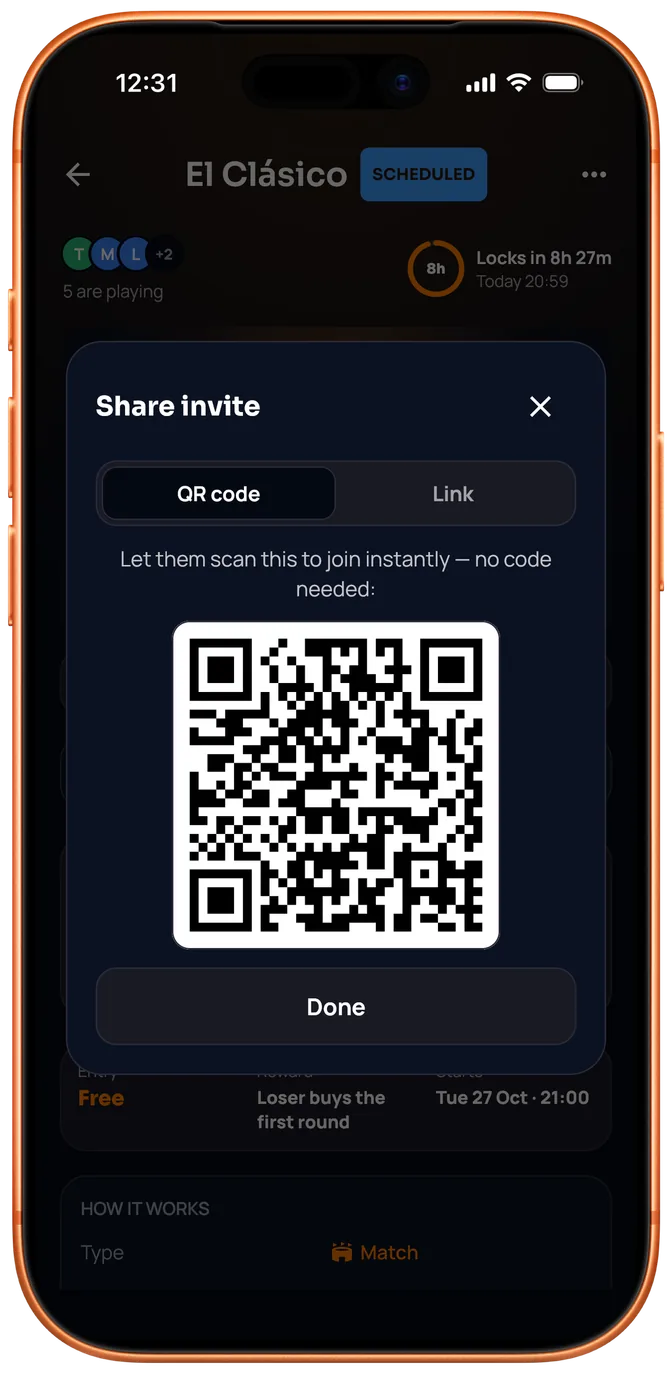 Tom's share invite dialog for El Clásico, showing a QR code friends scan to join instantly.