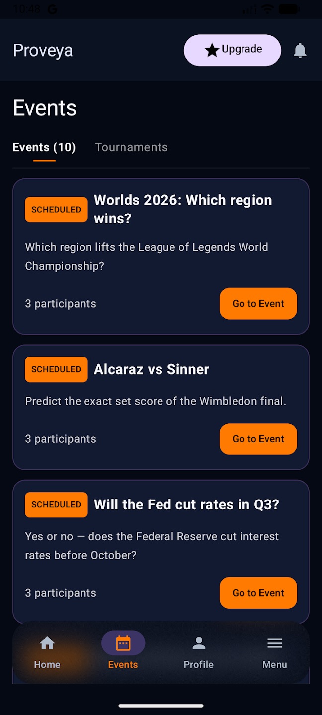 The Proveya events list, showing scheduled prediction events about esports, tennis and interest rates, each with its participant count.