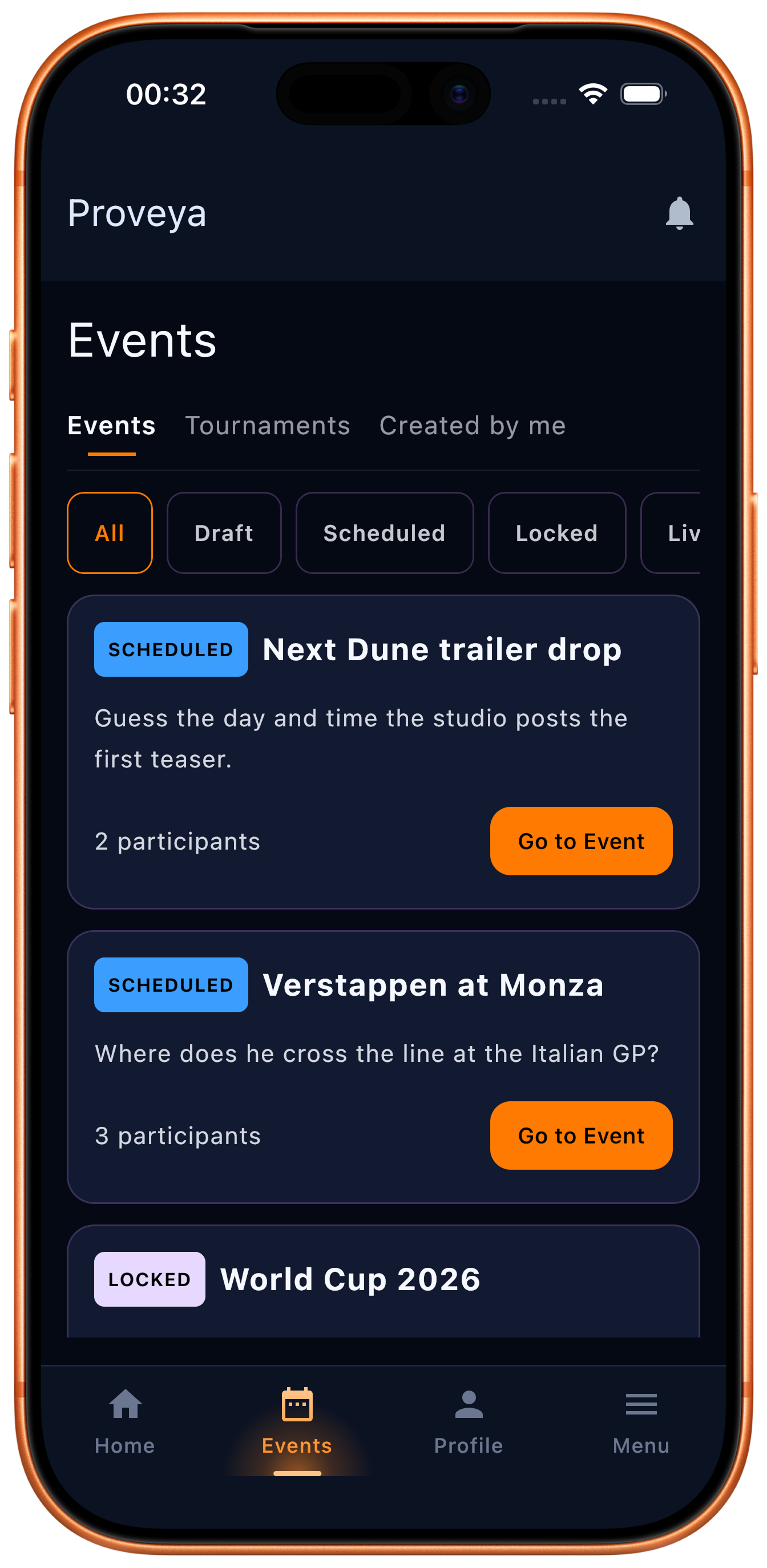 The Proveya events list, showing scheduled prediction events about esports, tennis and interest rates, each with its participant count.