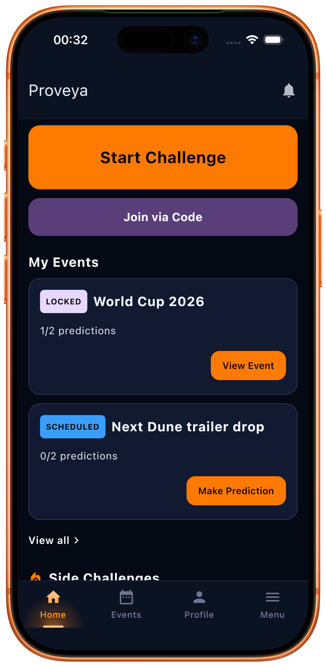 The Proveya home screen: buttons to start a challenge or join via code, an event closing in two hours, and a list of the player's live events with their rank.