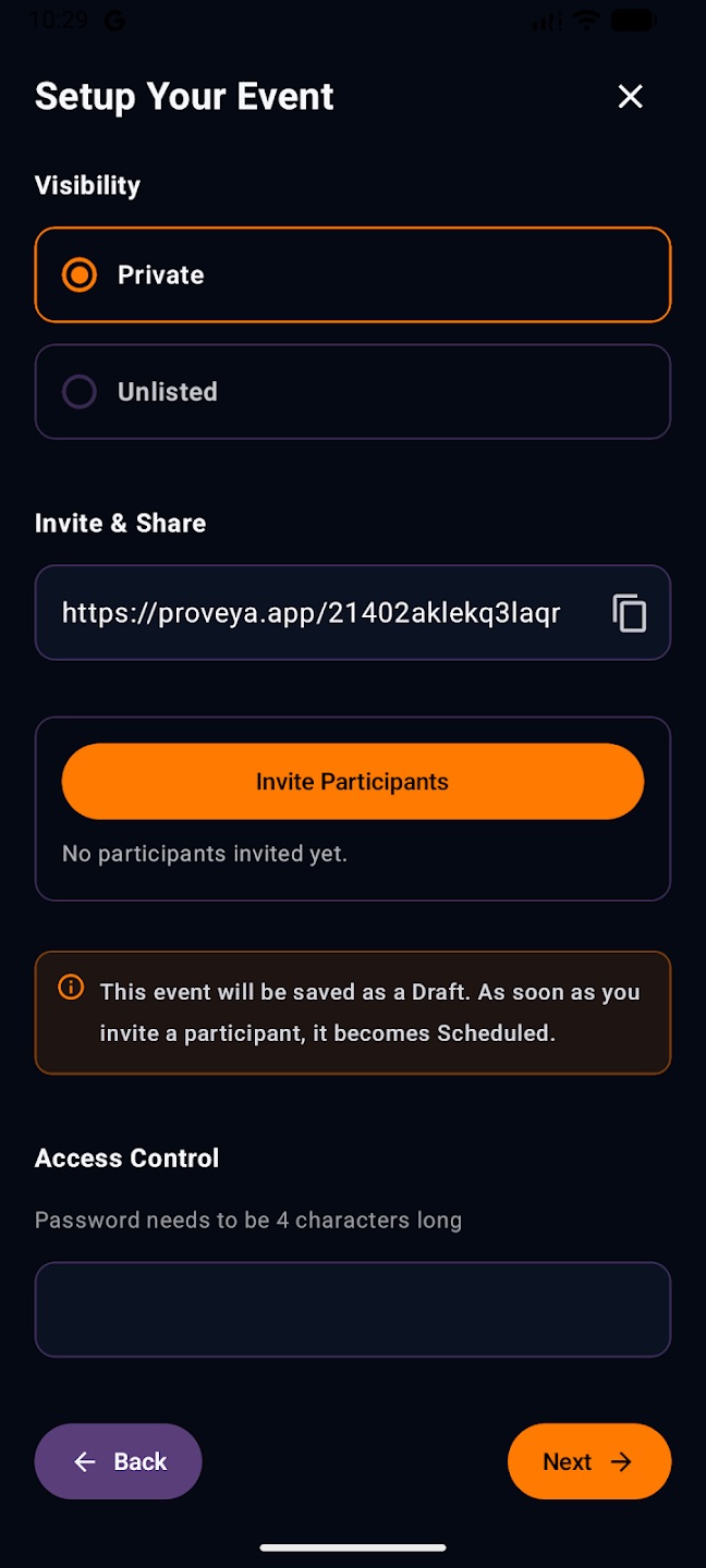 Sharing a Proveya event: visibility set to private, a copyable invite link, and a button to invite participants.
