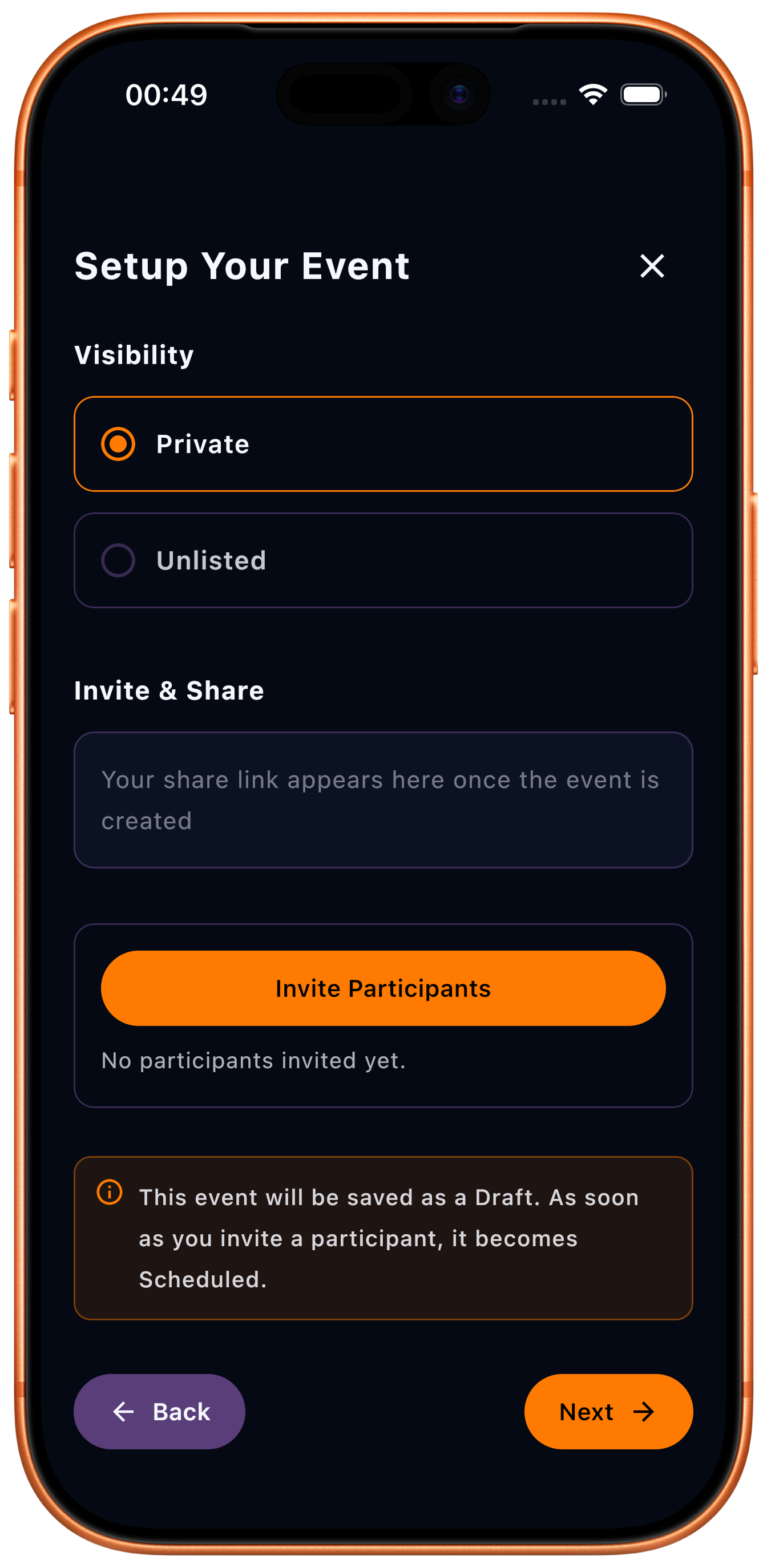 Sharing a Proveya event: visibility set to private, a copyable invite link, and a button to invite participants.