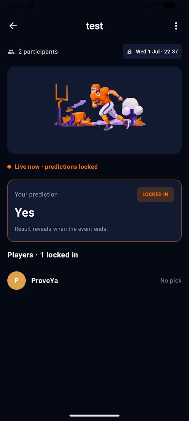 A live Proveya event with predictions locked, showing the player's locked-in answer and who else has picked.