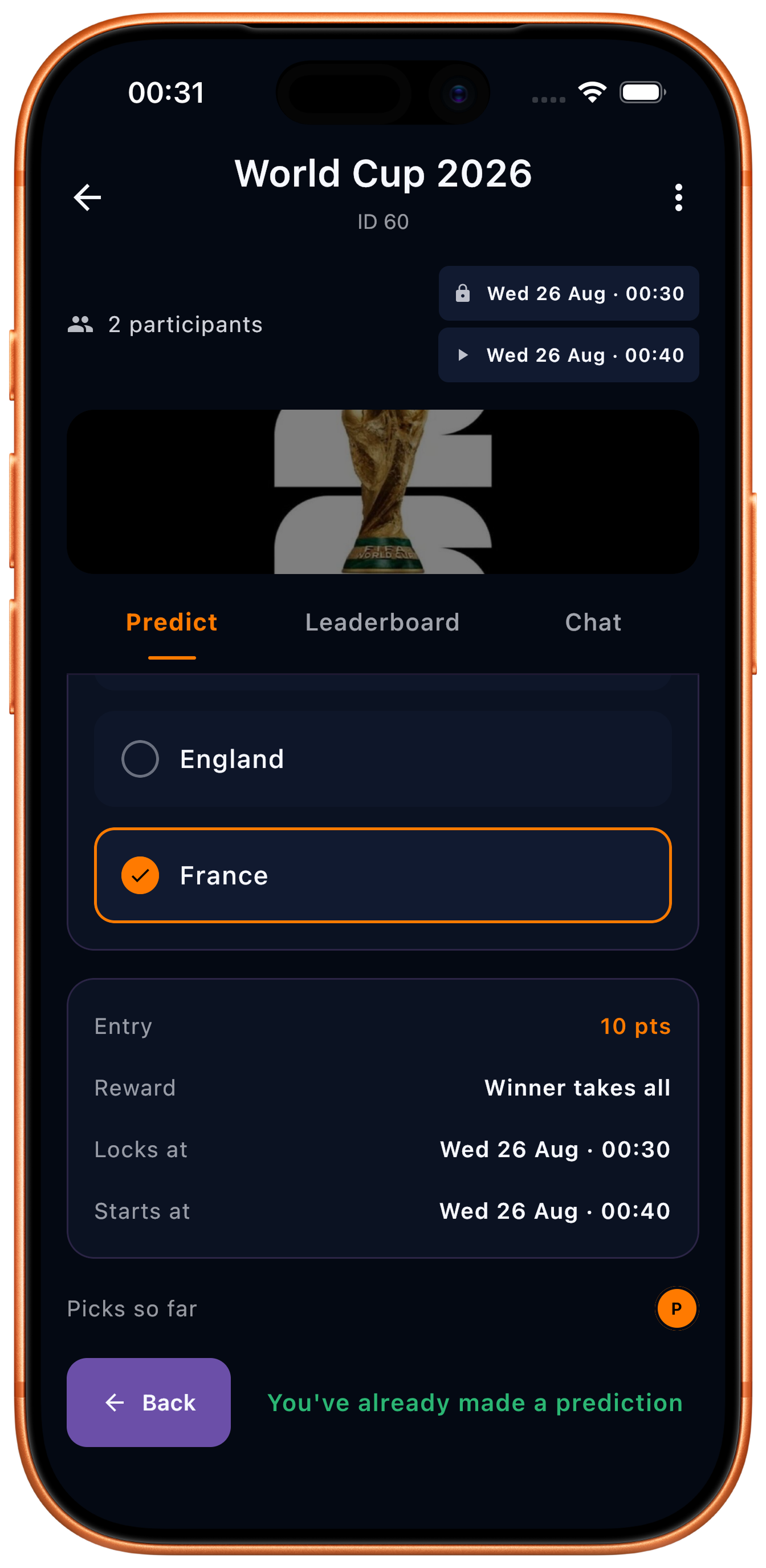 A live Proveya event with predictions locked, showing the player's locked-in answer and who else has picked.